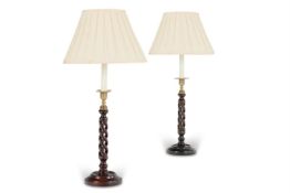 A PAIR OF TURNED MAHOGANY OPEN BARLEY TWIST LAMPS VAUGHAN, MODERN