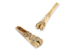 A GEORGE IV CARVED BONE APPLE SCOOP, DATED 1835