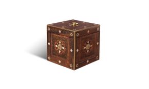 Y A MOORISH INLAID WALNUT CUBE TEA CADDY, DAMASCUS