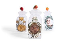 A SET OF THREE ITALIAN GLASS STORAGE OR SHOP DISPLAY JARS AND COVERS, 20TH CENTURY