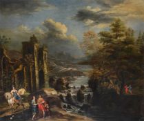 FLEMISH SCHOOL (17TH CENTURY), RIVER LANDSCAPE WITH LADY ON HORSEBACK AND GENTLEMAN WITH ASSISTANTS