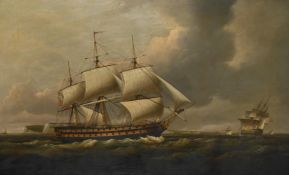 THOMAS LUNY (BRITISH 1759 - 1837), A SHIP-OF-THE-LINE IN TWO POSITIONS OFF THE SEVEN SISTERS