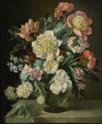 λ GERALD COOPER (BRITISH 1898-1975), POPPIES AND OTHER FLOWERS IN A VASE ON A LEDGE