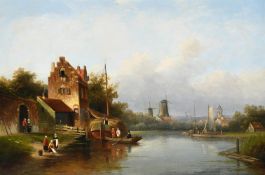 JAN JACOB SPOHLER (DUTCH 1811-1866), FIGURES ON A DUTCH CANAL WITH WINDMILLS BEYOND