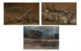FREDERICK WATERS WATTS (BRITISH 1800 - 1870), THREE STUDIES: TREE TRUNKS; PLOUGH; FISHING BOATS (3)