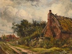FREDERICK WATERS WATTS (BRITISH 1800 - 1870), FIGURES ON A COUNTRY LANE OUTSIDE A HOUSE