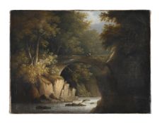 CIRCLE OF JOHN RATHBONE (BRITISH 1750-1807), LANDSCAPE WITH A BRIDGE CROSSING A RIVER