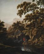 CIRCLE OF JAN BOTH, ITALIANATE WOODED LANDSCAPE WITH FIGURES BY A POOL