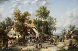 EDWIN MASTERS (BRITISH FL. 1916-1935), FIGURES WITH HORSES IN A VILLAGE