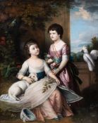 GEORGE JAMES (BRITISH ?-1795), EMILY AND GEORGINA MASON WITH A LAMB AND COCKATOO IN A LANDSCAPE