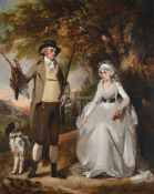 PHILIP REINAGLE (BRITISH 1749 - 1833)A DOUBLE PORTRAIT OF A MAN AND WIFE OUT SHOOTING IN A LANDSCAPE