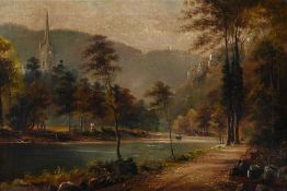 GEORGE WILLIS PRYCE (BRITISH 1866-1949), RIVER LANDSCAPE WITH CHURCH AND BOAT