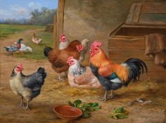 EDGAR HUNT (BRITISH 1876 - 1955), COCKEREL AND HENS