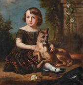 BRITISH SCHOOL (19TH CENTURY), PORTRAIT OF A YOUNG GIRL IN A TARTAN DRESS WITH A DOG