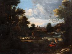 FOLLOWER OF GASPARD DUGHET, ITALIANATE LANDSCAPE WITH FIGURES BY A RIVER