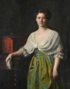 BRITISH SCHOOL (EARLY 20TH CENTURY), PORTRAIT OF A LADY IN A STRIPED DRESS