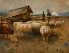 FRITZ GREBE (GERMAN 1850-1925), SHEPHERD WITH HIS FLOCK