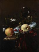 MANNER OF MARTINUS NELLIUS, STILL LIFE OF APPLES WITH A BLUE AND WHITE PORCELAIN DISH