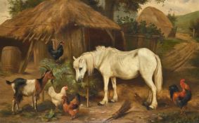 EDGAR HUNT (BRITISH 1876 - 1953), CHICKENS IN A YARD WITH A HORSE AND A GOAT