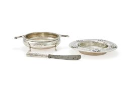 A SILVER BUTTER DISH AND KNIFE