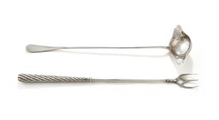 A VICTORIAN SILVER TOASTING FORK AND A FRENCH SILVER TODDY LADLE