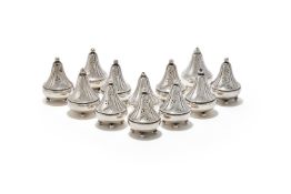 A DANISH SET OF FOUR SILVER SALTS AND EIGHT PEPPER SHAKERS