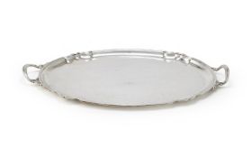 A SILVER SHAPED OVAL TWIN HANDLED TRAY