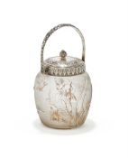 A FRENCH ART NOUVEAU SILVER MOUNTED GLASS BISCUIT BARREL