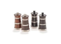 Y TWO PAIRS OF SILVER MOUNTED EBONY SALT AND PEPPER GRINDERS
