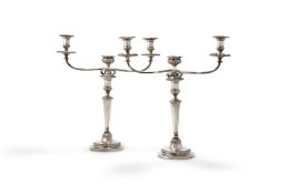 A PAIR OF GEORGE III SILVER THREE LIGHT CANDELABRA