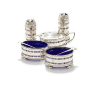 A CASED SILVER FIVE PIECE CRUET SET