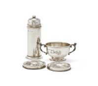 A CYLINDRICAL HAMMERED SILVER CASTER