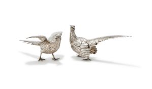 A PAIR OF SILVER MODELS OF PHEASANTS