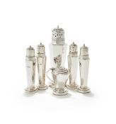 A CASED SILVER SIX PIECE TAPERING HEXAGONAL CRUET SET
