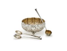 A VICTORIAN SILVER SALAD/PUNCH BOWL AND SERVERS