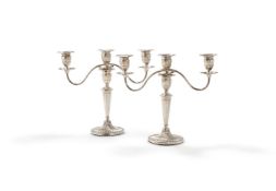 A PAIR OF SILVER THREE LIGHT CANDELABRA