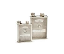 TWO SILVER OIL CAN HIP FLASKS