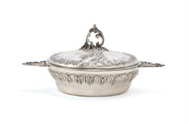 A FRENCH SILVER TWIN HANDLED CIRCULAR TUREEN AND COVER