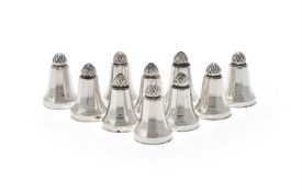 A SET OF TEN DANISH SILVER ACORN PATTERN SALT AND PEPPER SHAKERS