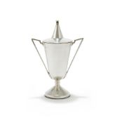 A SILVER TWIN HANDLED CUP AND COVER