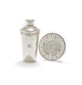 AN AMERICAN SILVER COCKTAIL SHAKER AND A DISH