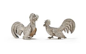 A PAIR OF SPANISH SILVER COLOURED FIGHTING COCKERELS