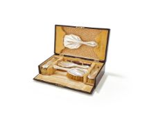 Y A CASED SILVER MOUNTED FIVE PIECE DRESSING TABLE SET