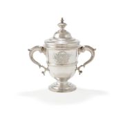 A GEORGE II SILVER TWIN HANDLED CUP AND COVER