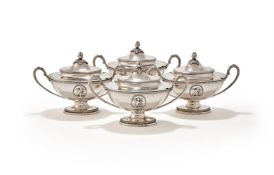 A SET OF FOUR GEORGE III SILVER OVAL SAUCE TUREENS AND COVERS