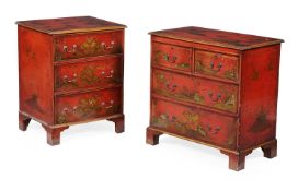 TWO RED LACQUER AND GILT CHINOISERIE CHEST OF DRAWERS, LATE 19TH OR EARLY 20TH CENTURY