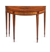 Y A GEORGE III SATINWOOD, ROSEWOOD AND POLYCHROME PAINTED FOLDING CARD TABLE, CIRCA 1790