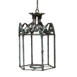 A VERDIGRIS METAL HEXAGONAL GOTHIC HALL LANTERN, LATE 19TH OR EARLY 20TH CENTURY