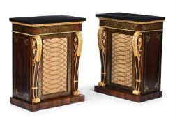 Y A PAIR OF REGENCY BRASS INLAID ROSEWOOD AND PARCEL GILT SIDE CABINETS, CIRCA 1815
