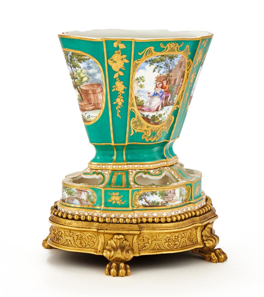 A RARE SÈVRES PORCELAIN GREEN GROUND FLOWER POT & PIERCED STAND, 1760